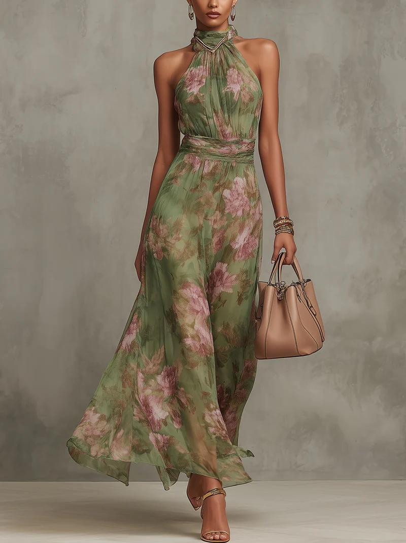 Florence | Green Floral Chiffon Halter Maxi Dress